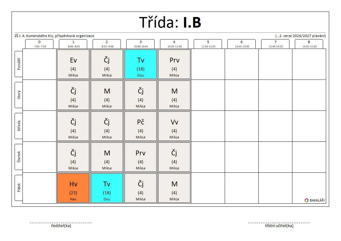 Rozvrh trida 1 b