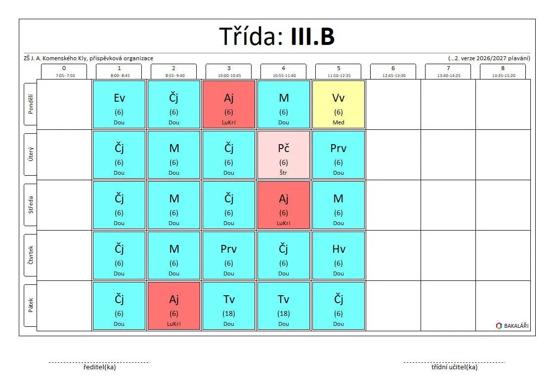 Rozvrh trida 3 b