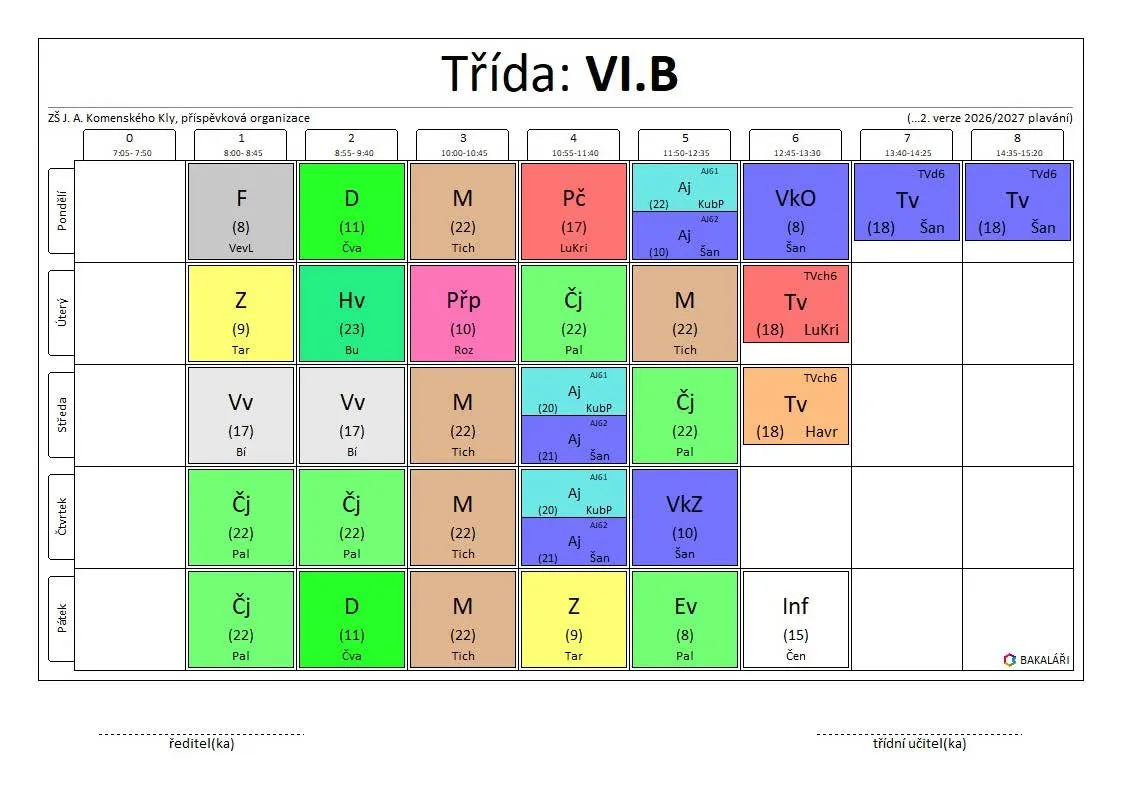 Rozvrh trida 6 b